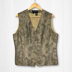 VTG Liz Claiborne Wool Tapestry Floral Button Front Vest Womens 16 Brown Olive